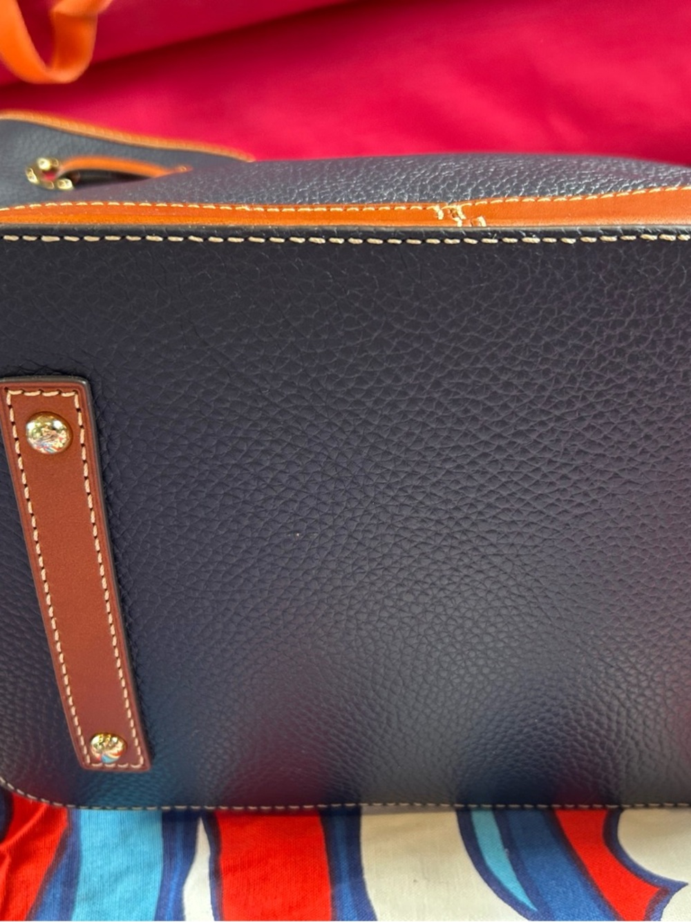 Dooney & Bourke Navy Pebbled Leather Shoulder Bag with Brown Trim and Tassels - Picture 4 of 8